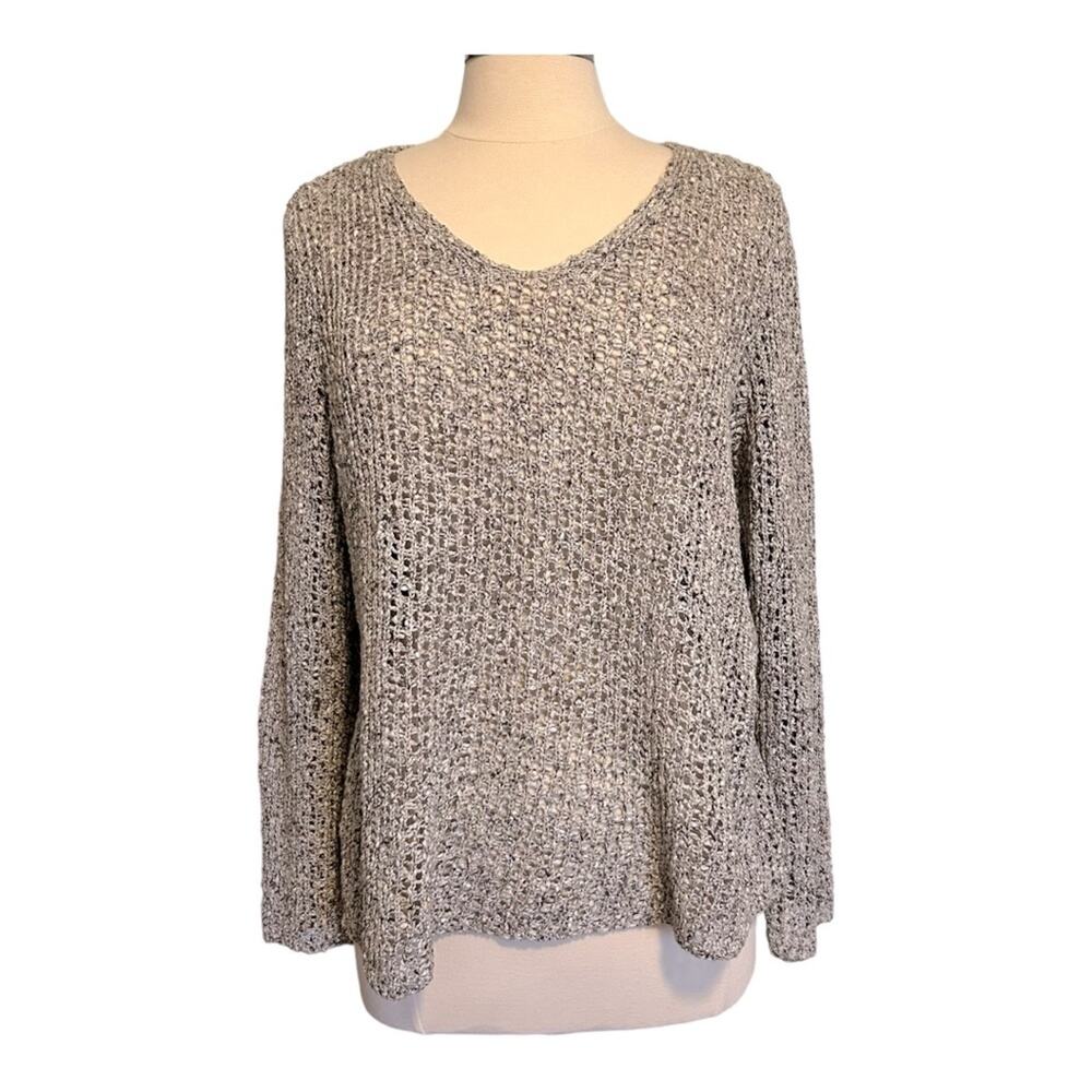 Eileen Fisher Cotton Open Weave Long Sleeve Scoop Neck  Sweater L Dark Lght Grey